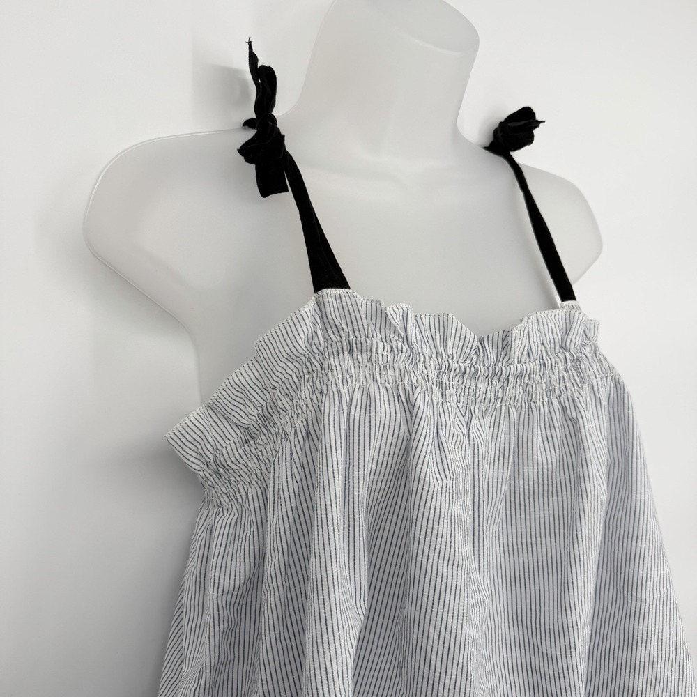 St. Roche Sz L 100% Cotton Striped Smocked Tank Top Adjustable Tie Straps Ruffle - Picture 2 of 7